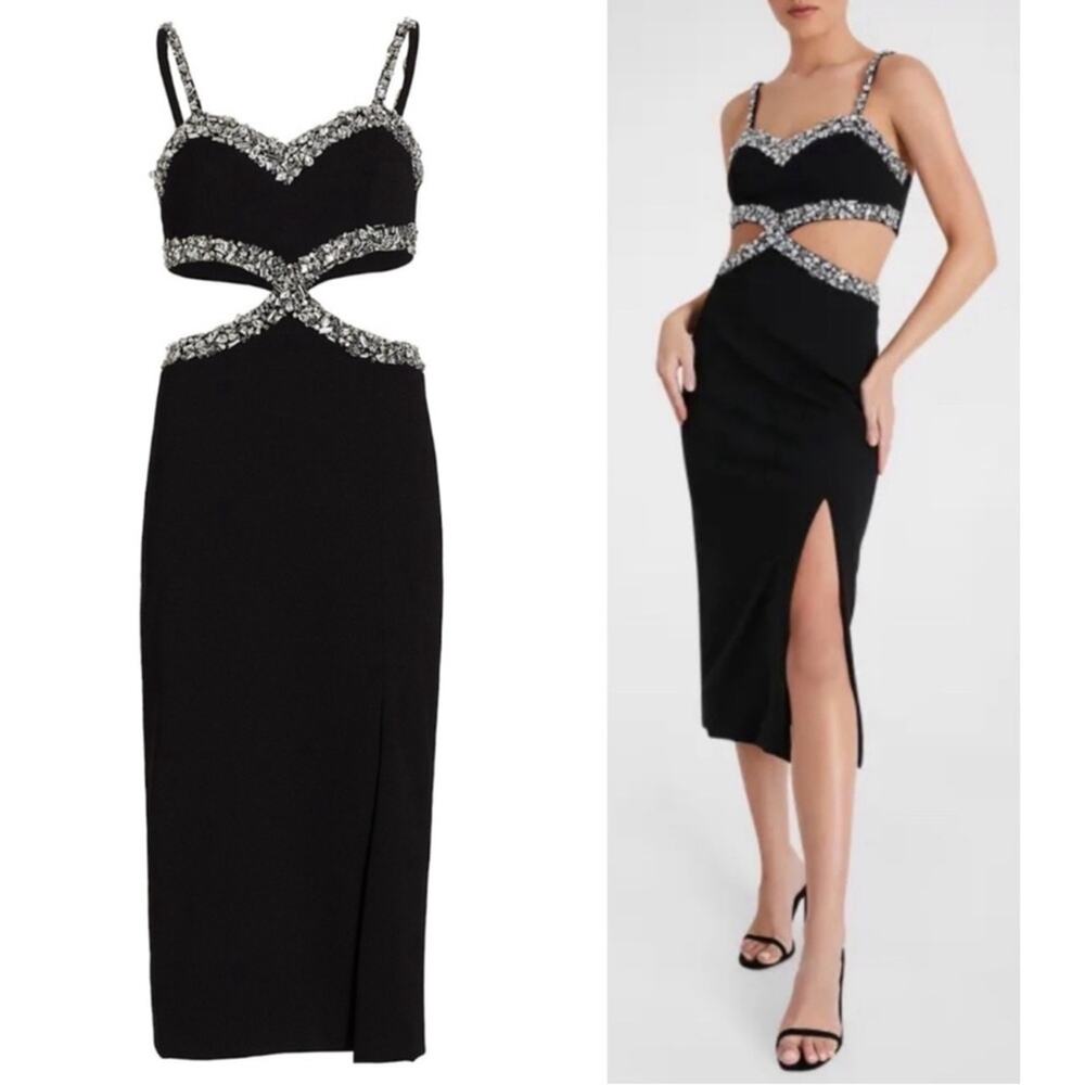 PATBO Hand Beaded Crystal Embellished Cutout Black Midi Dress Size 8